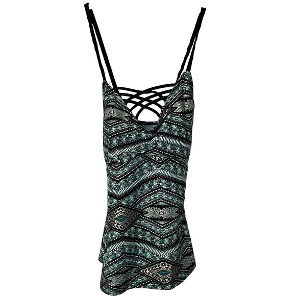 AMBRIELLE SWEETHEART NECKLINE TANK TOP, WOMENS, M, GREEN GOLD WHITE ABSTRACT - Picture 6 of 9